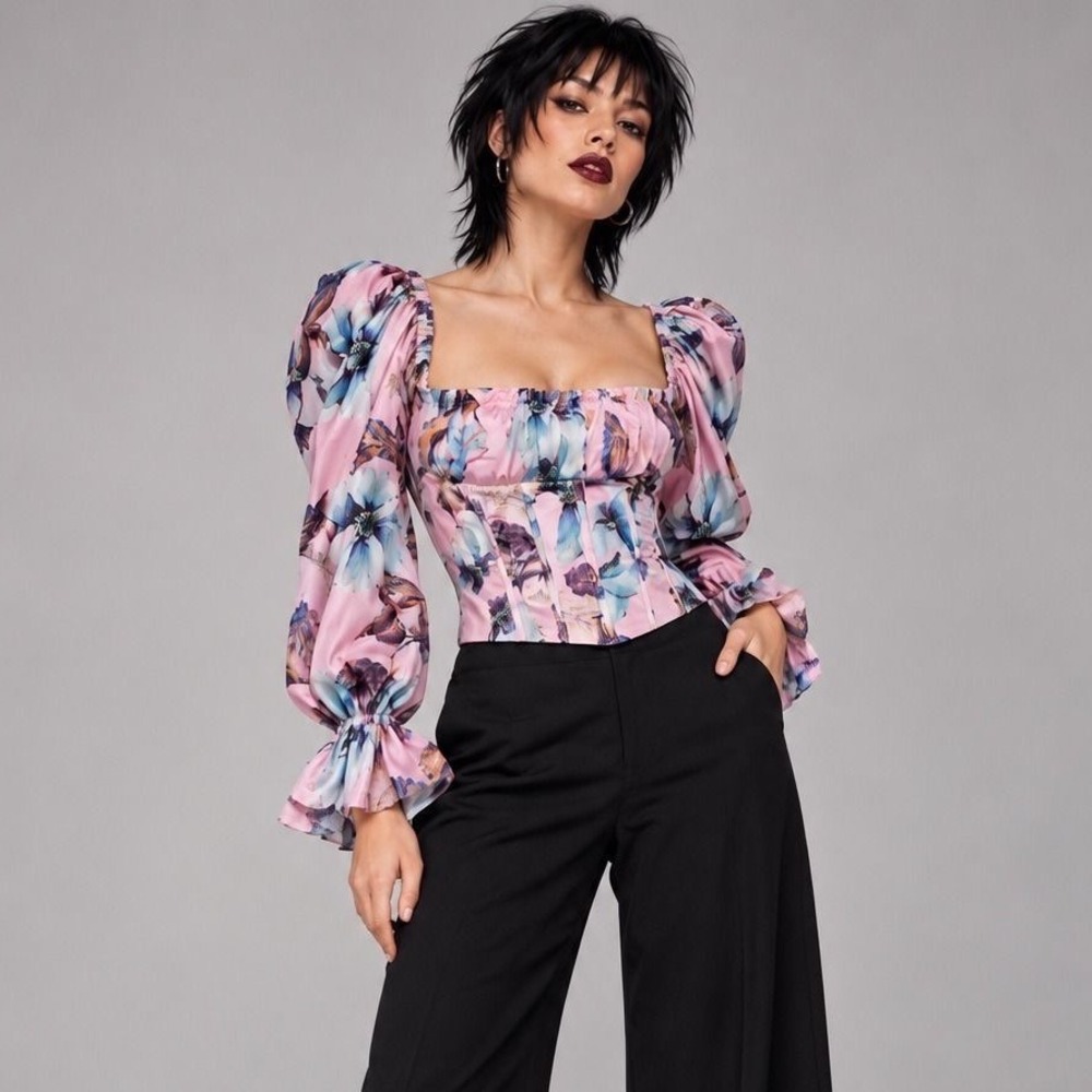 Va Va Voom M Pink Floral Corset Top Puff Sleeve Romantic